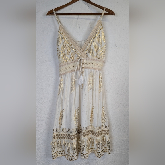 NWT Boho Sundress White Gold Indian Strappy Tassels V Neck Feminine Womens Small - Picture 1 of 8